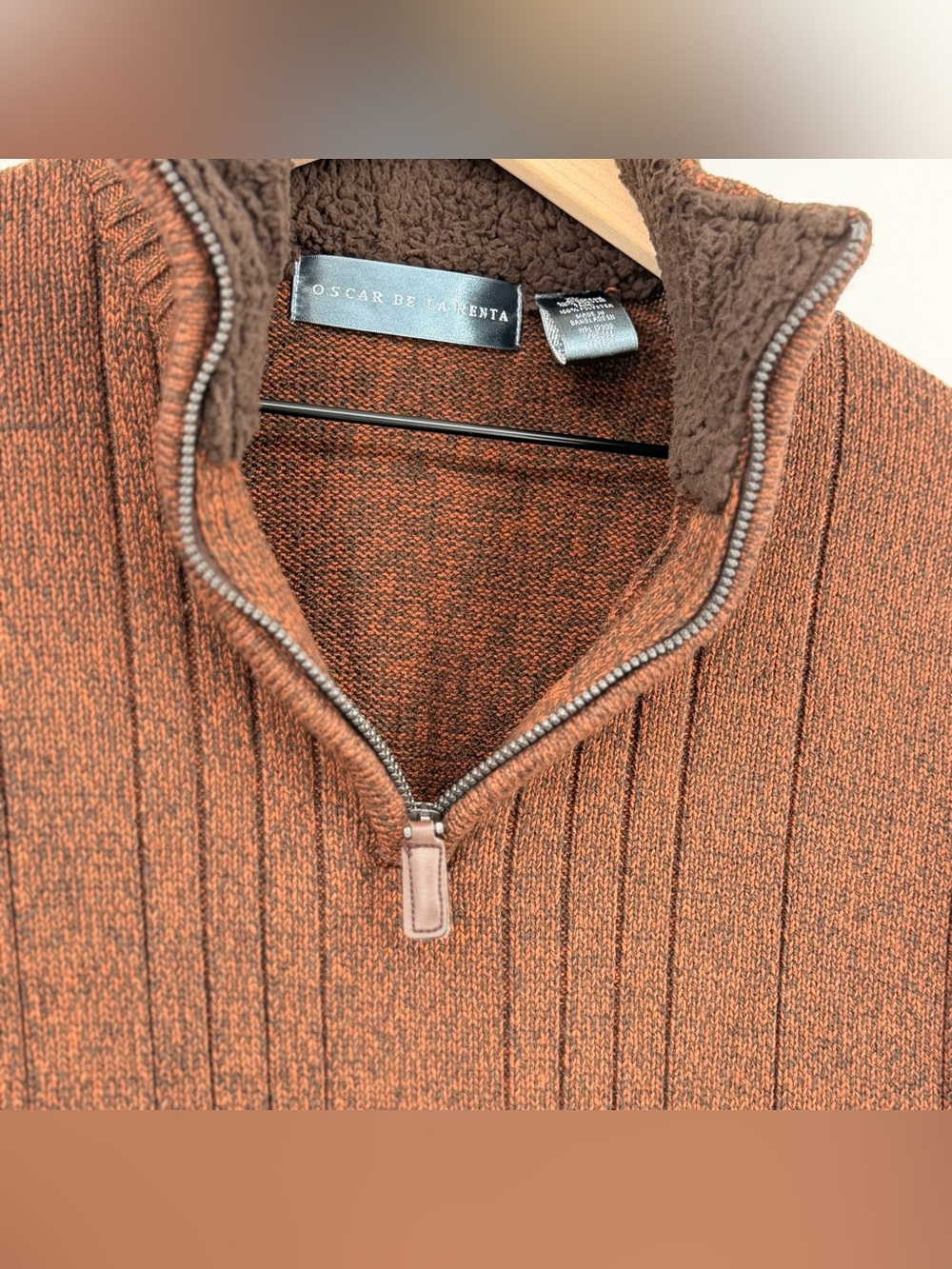 Oscar de la Renta Brown Quarter Zip Sherpa Collar Sweater
